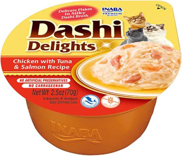 Dashi Delights Katzensnack zarte Stückchen in Sauce mit Huhn & Thunfisch & Lachs 1 x 70g - 1.jpg